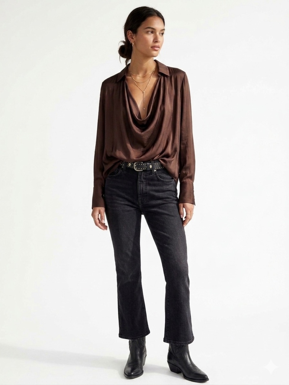 Free People Cowling Around Draped Cowl Neck Satin Blouse In Chocolate Brown: M